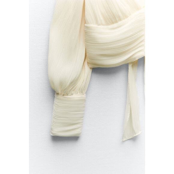 Zara Pleated Crepe Blouse Crop Top Tie Bow Back - Picture 4 of 10